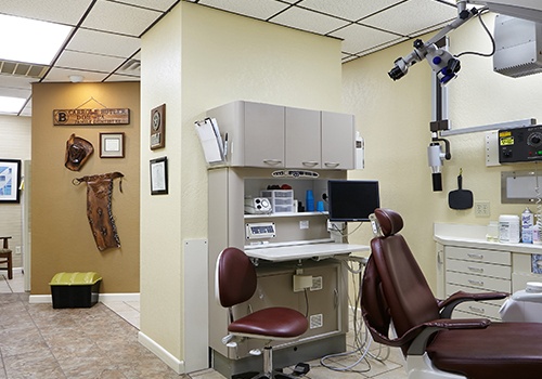 Hallway looking in to dental treatment rooms