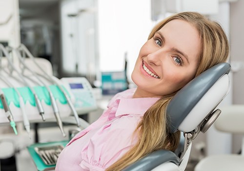 Woman at dental office with no dental anxiety