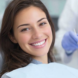 Smiling, happy patient in dental treatment chair
